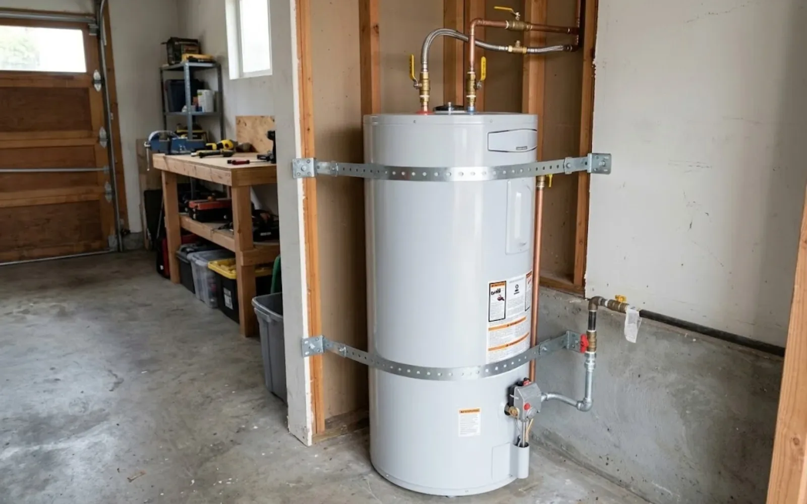 Newly set tank water heater strapped to a garage wall with copper connections