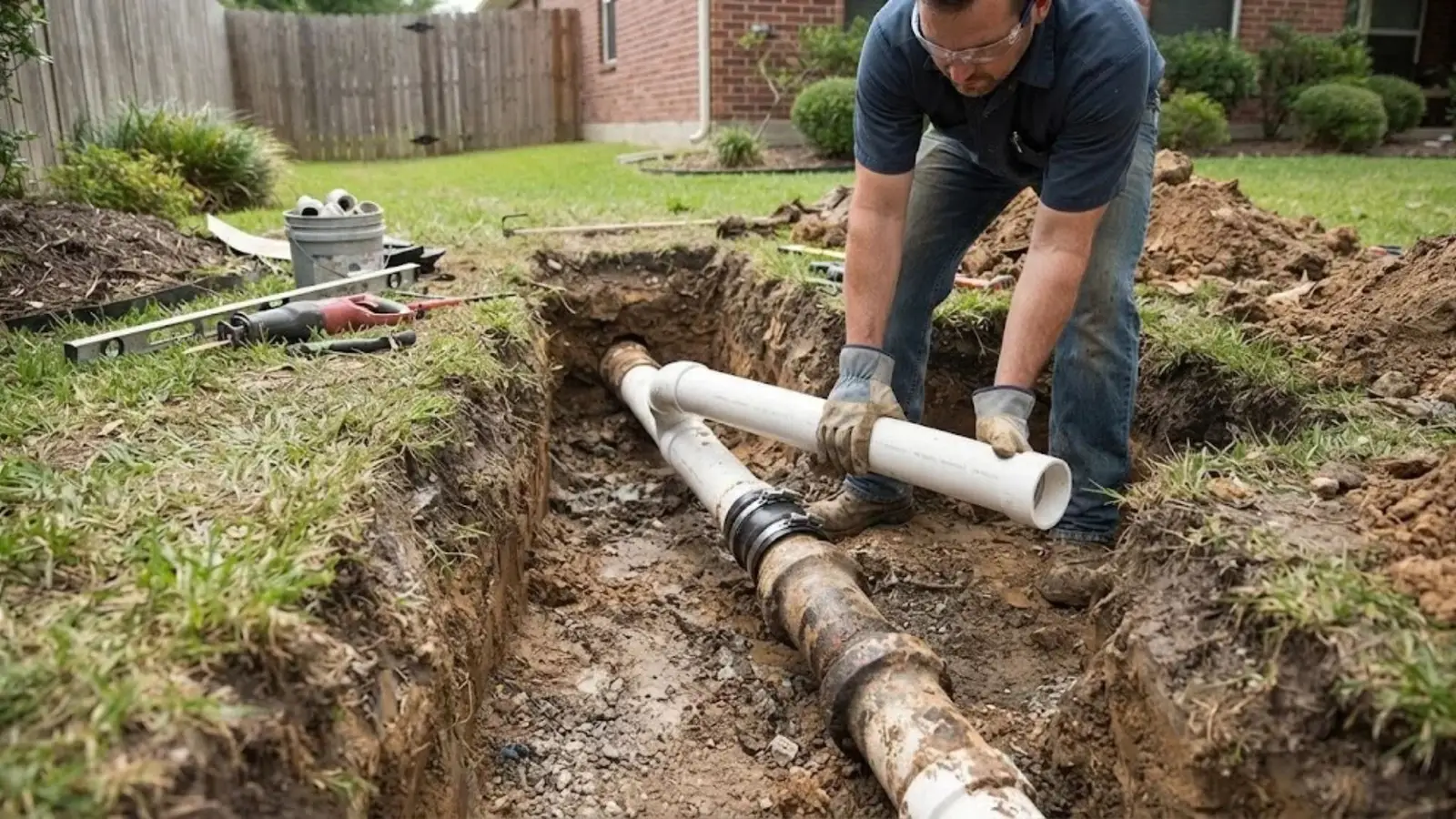 Worker replacing a section of sewer pipe in an open yard trench