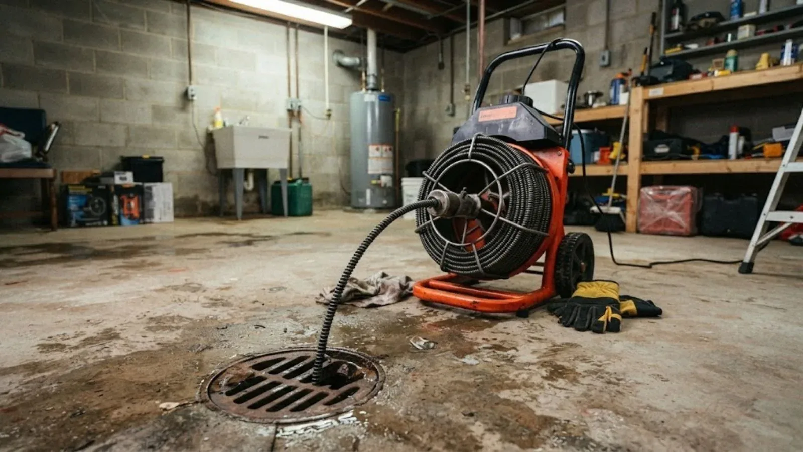 Drain cable machine set up over a basement floor drain