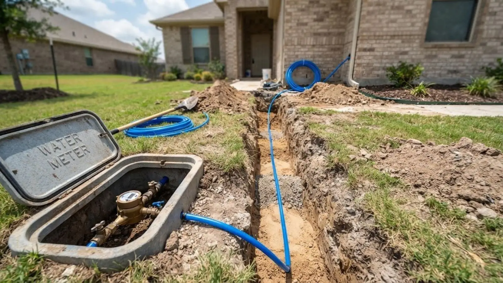 Open water meter box beside a trench exposing the service line
