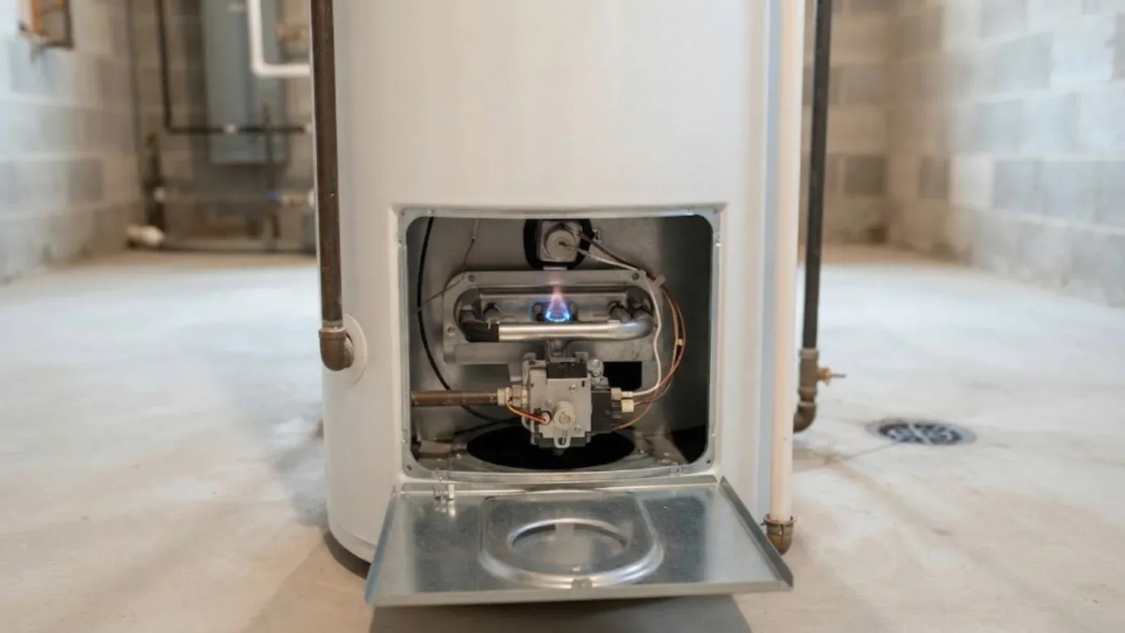 Tank water heater with the burner access panel open for service