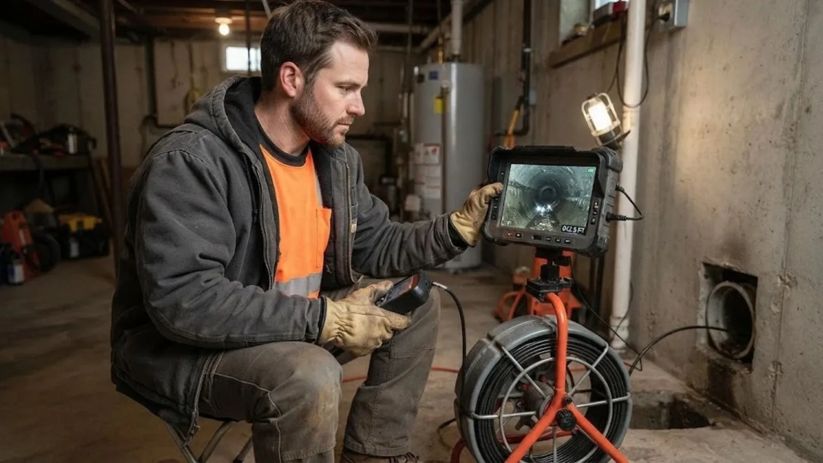 Technician watching a monitor connected to a sewer inspection camera reel