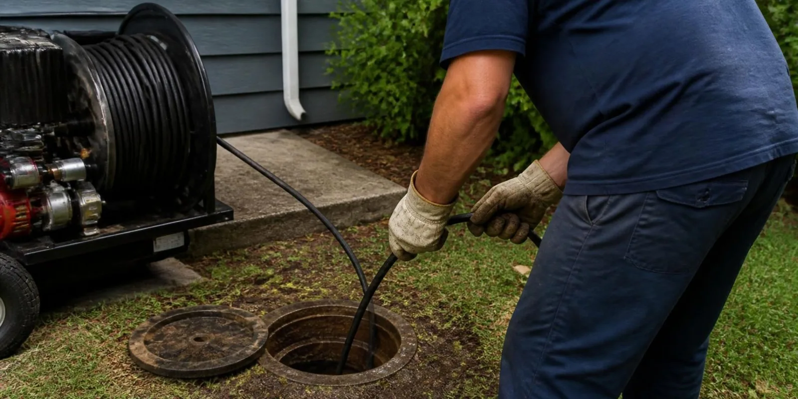 Plumber feeding a cable from a reel into a yard sewer cleanout