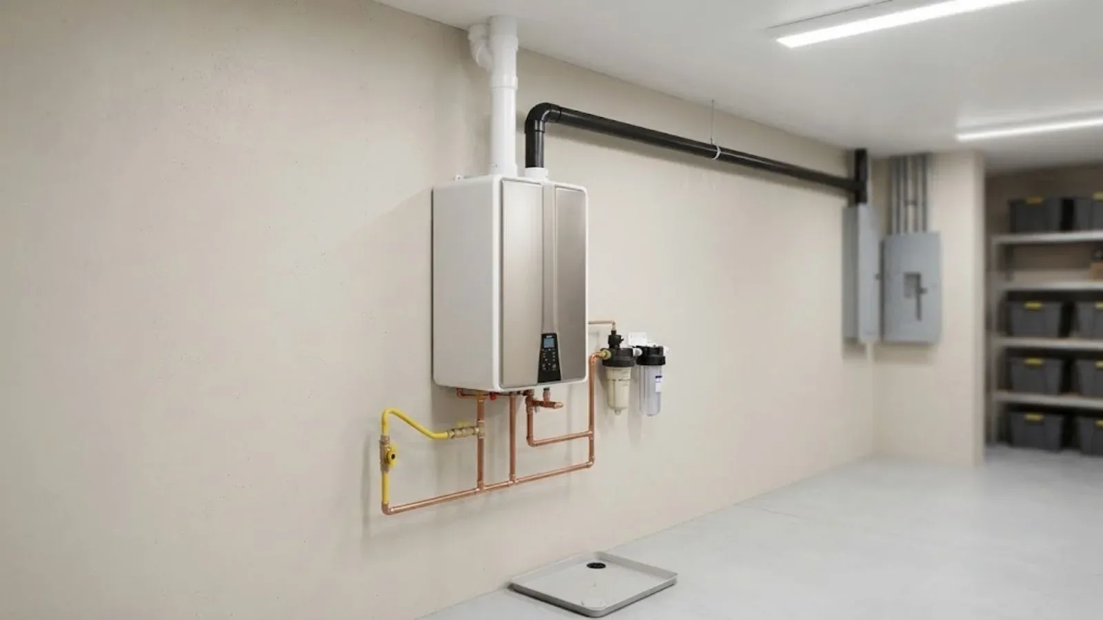 Wall-mounted tankless water heater with gas and water lines