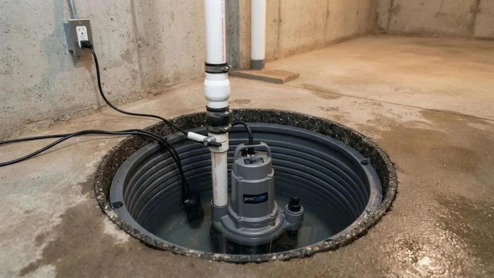 Submersible sump pump in a basement pit with a discharge pipe